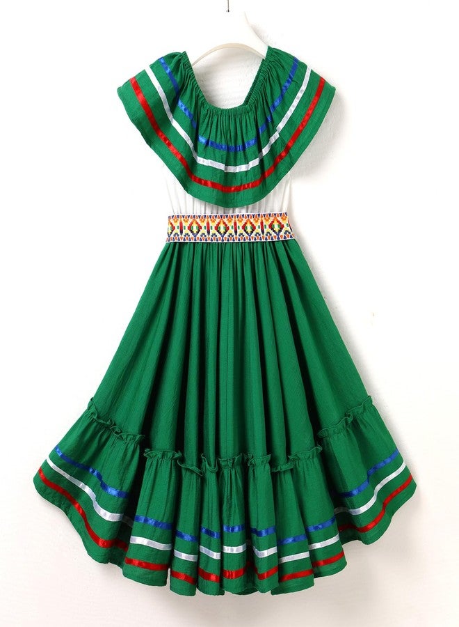 ODIZLI Mexican Dress for Girls Traditional Cinco de Mayo Fiesta Dresses for Toddler Girl Off-Shoulder Sleeveless Kids Vestidos Tipicos Mexicanos Flamenco Dress Ruffle Drape A Line Dress Green 9-10 Years - Image 4